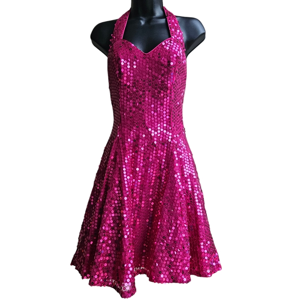 Vintage 90's Sequined Pink Cocktail Halter Dress